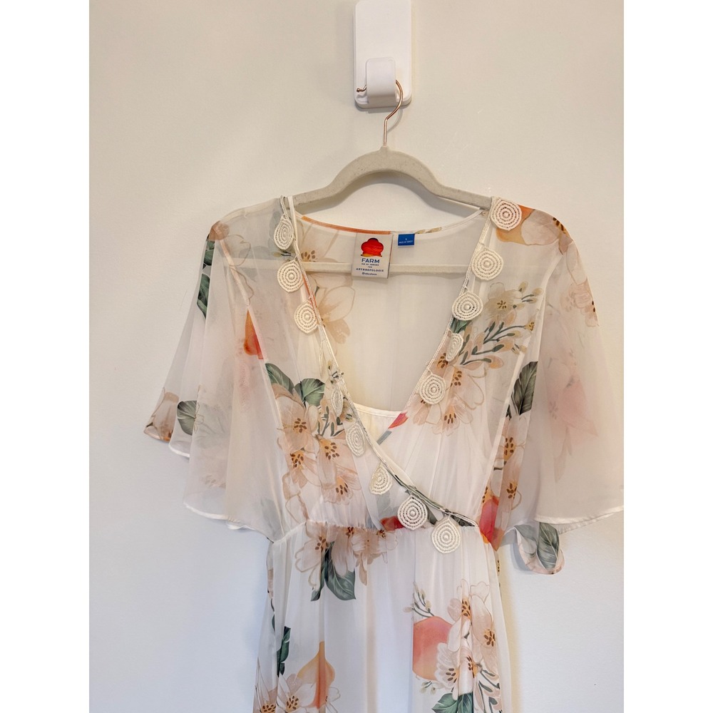 Farm Rio x Anthropologie Eloisa Peach Floral Midi Dress Flutter Sleeve White Sm - Picture 7 of 9